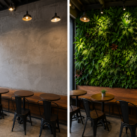 tường cây giả xanh trang trí nội thất quán cafe hiện đại