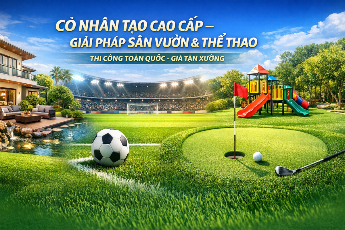 Cỏ nh&acirc;n tạo s&acirc;n vườn s&acirc;n thể thao thi c&ocirc;ng bởi Cỏ Nh&acirc;n Tạo Văn Đạt